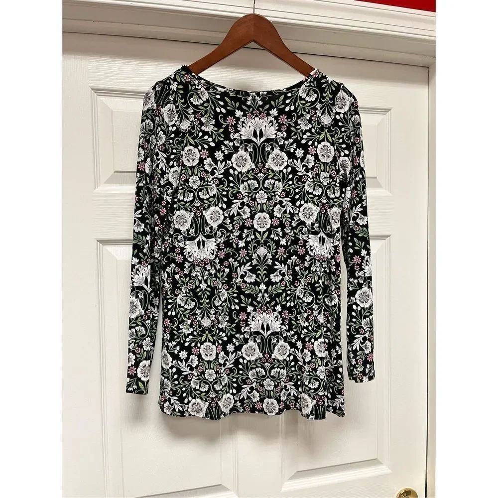J. Jill Wearever Black Floral Cross Back Gather Long Sleeve Tunic Top sz XS EUC